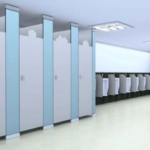 space optimized cubicle, corner toilet cubicle, standard size partitions, restroom space saver, efficient toilet layout