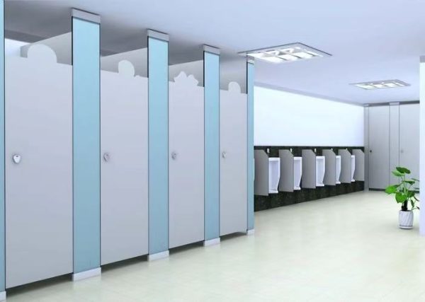 space optimized cubicle, corner toilet cubicle, standard size partitions, restroom space saver, efficient toilet layout